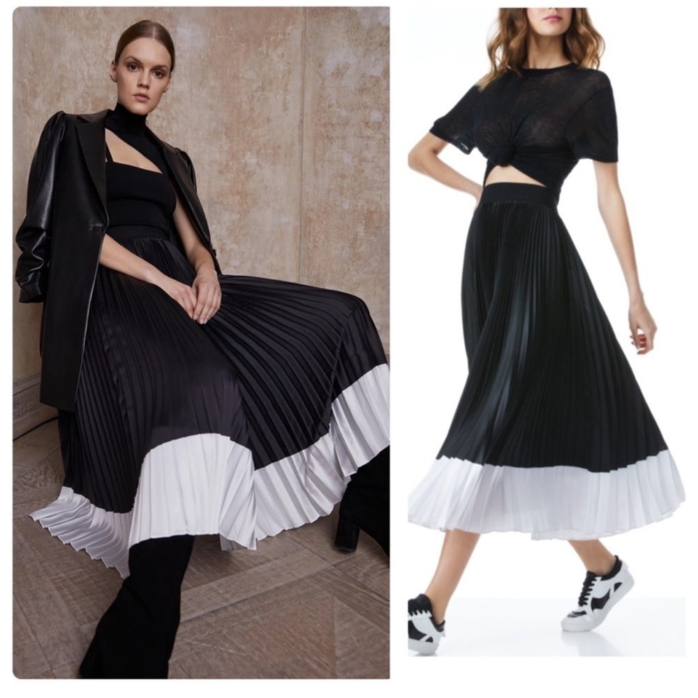 Alice + Olivia Katz Pleated Midi Skirt In Color Block Stripe Black & Off White